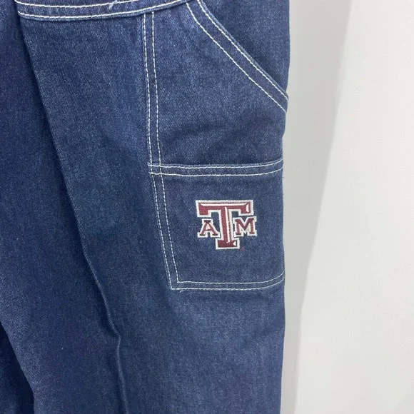 Texas A&M Team Jeans denim overalls dark wash farmers fight Sz M 32.5”